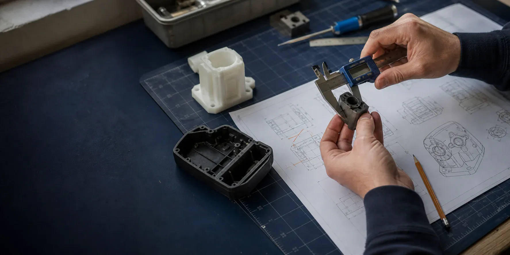 Engineer checking a component against a drawing with calipers
